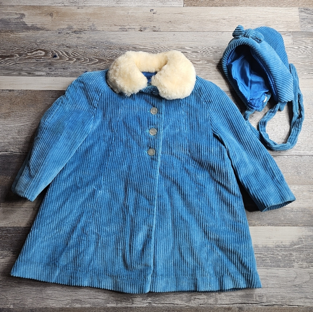 Vintage Corduroy Toddler Coat & Bonnet Teal 4T Breman & Tanner